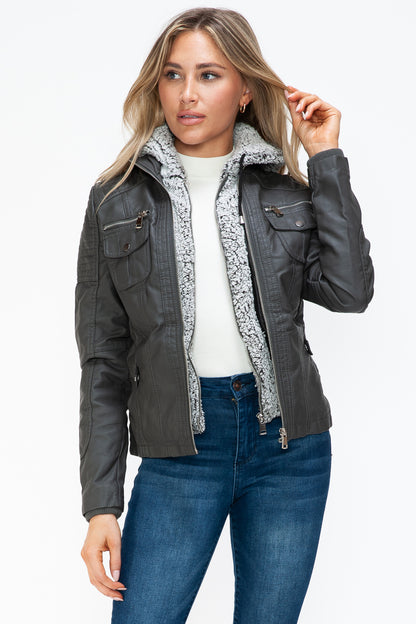 Removable Faux Layered Multi-Pocket Jacket with Fuzzy Hood