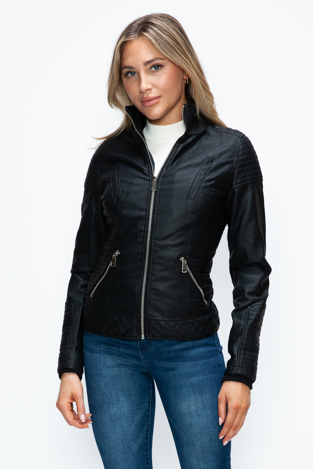 Faux Layered Double-Zipper Jacket with Fuzzy Hood