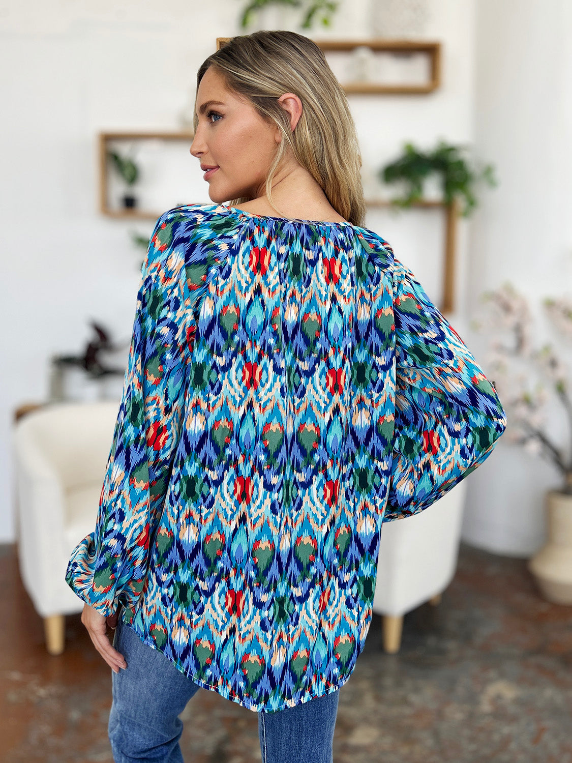 Printed Balloon Sleeve Blouse