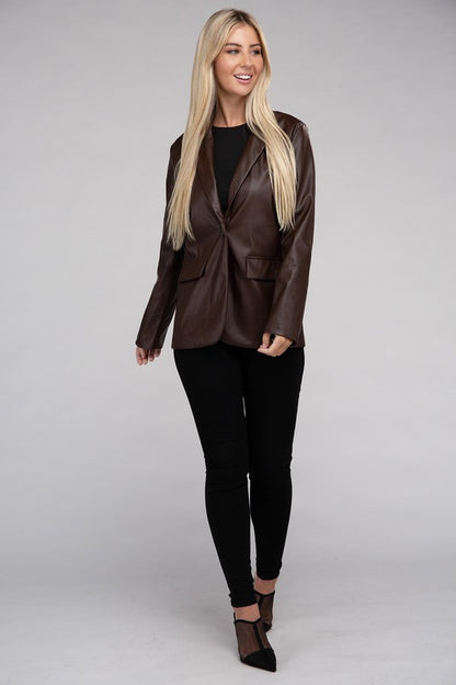 Sleek Pu Leather Blazer with Front Closure