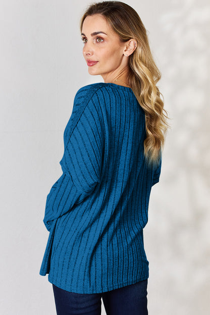 Ribbed Half Button Long Sleeve T-Shirt