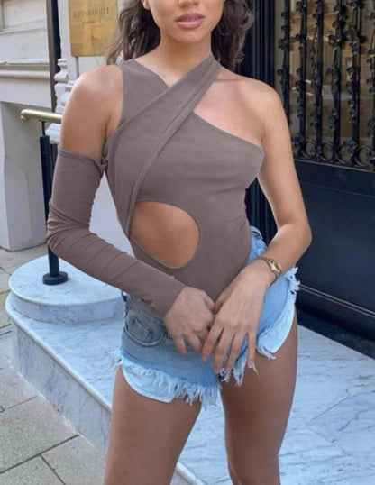 Cut out one sleeve bodysuit Womenswear Cutout Piece Statement Stretchy Tops Women