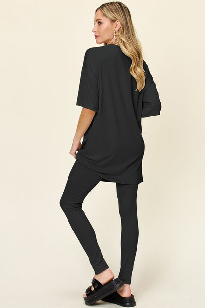 Round Neck Dropped Shoulder T-Shirt and Leggings Set